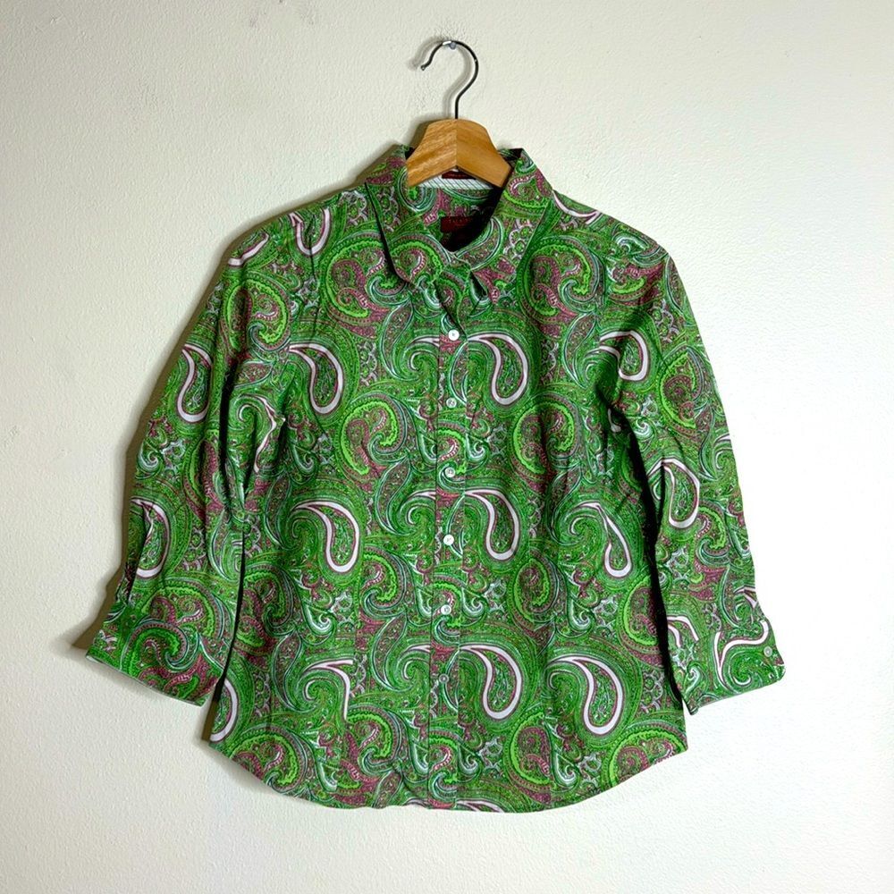 Talbots ladies green paisley button up wrinkle free shirt size 8p